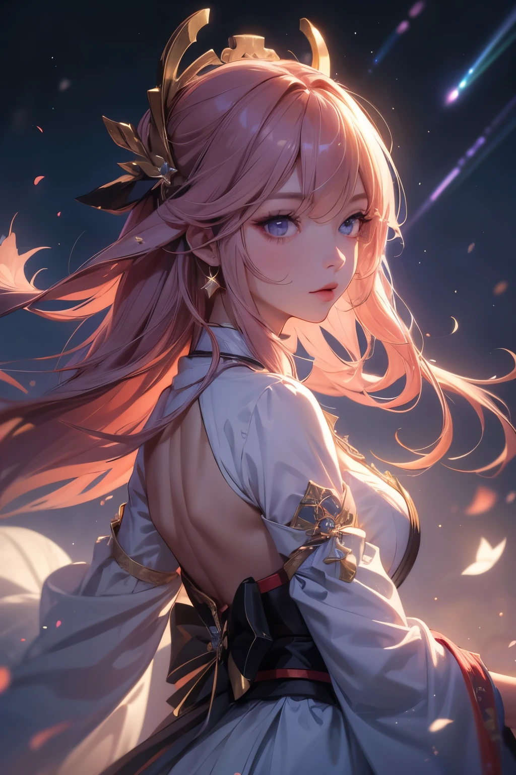 ((Yaemicodef)):1.5, ((masterpiece,Highest quality,Highly detailed images,Beautiful images、Dutch Angle)), (Close-up image of Yae Yoshiko、Overall dim lighting、Backlight、Strong backlighting、Fantastic dark atmosphere、Thick Fog、Dust flutters),(Dynamic pose)1.2, Side bust、((from the front;1.5)), (Beautiful starry sky、White Knight、shooting star)