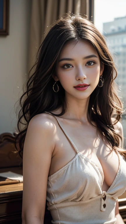 a smile, she has beautiful small eyes and long natural eyelashes, she has small but little full rose lips, Portrait of a Spiritual Goddess, 1 sexy lady, huge bouncing bust, complicated, elegant, Very detailed, Digital Painting, Art Station, Concept Art, Smooth, Sharp focus, figure, ArtJam、Greg Rutko