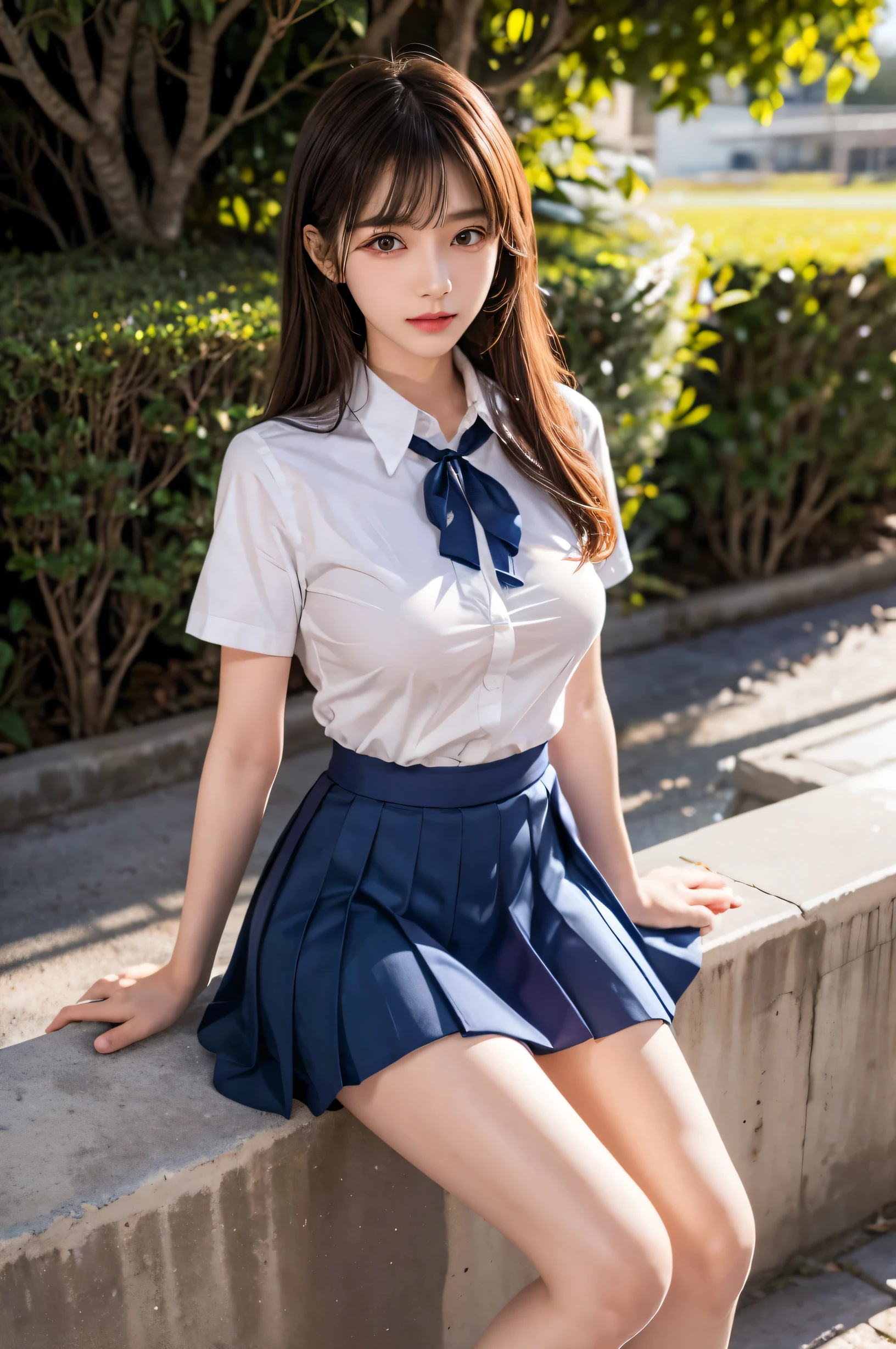 (ultra HD), (School uniform with short sleeves, White collared shirt, Navy Blue Skirt), (Big Breasts:1.5), (The cleavage is visible), Slender, whole body, (Clean and shiny skin, Whitening, No makeup), (超Slenderな顔立ち, Super beautiful face, Delicate face), (long hair, Layered Cut, Fluffy hair,light brown), (Patchy double eyelids, Slanted Eyes), Small Nose, Thin lips, Thin legs, Schoolyard, sunset