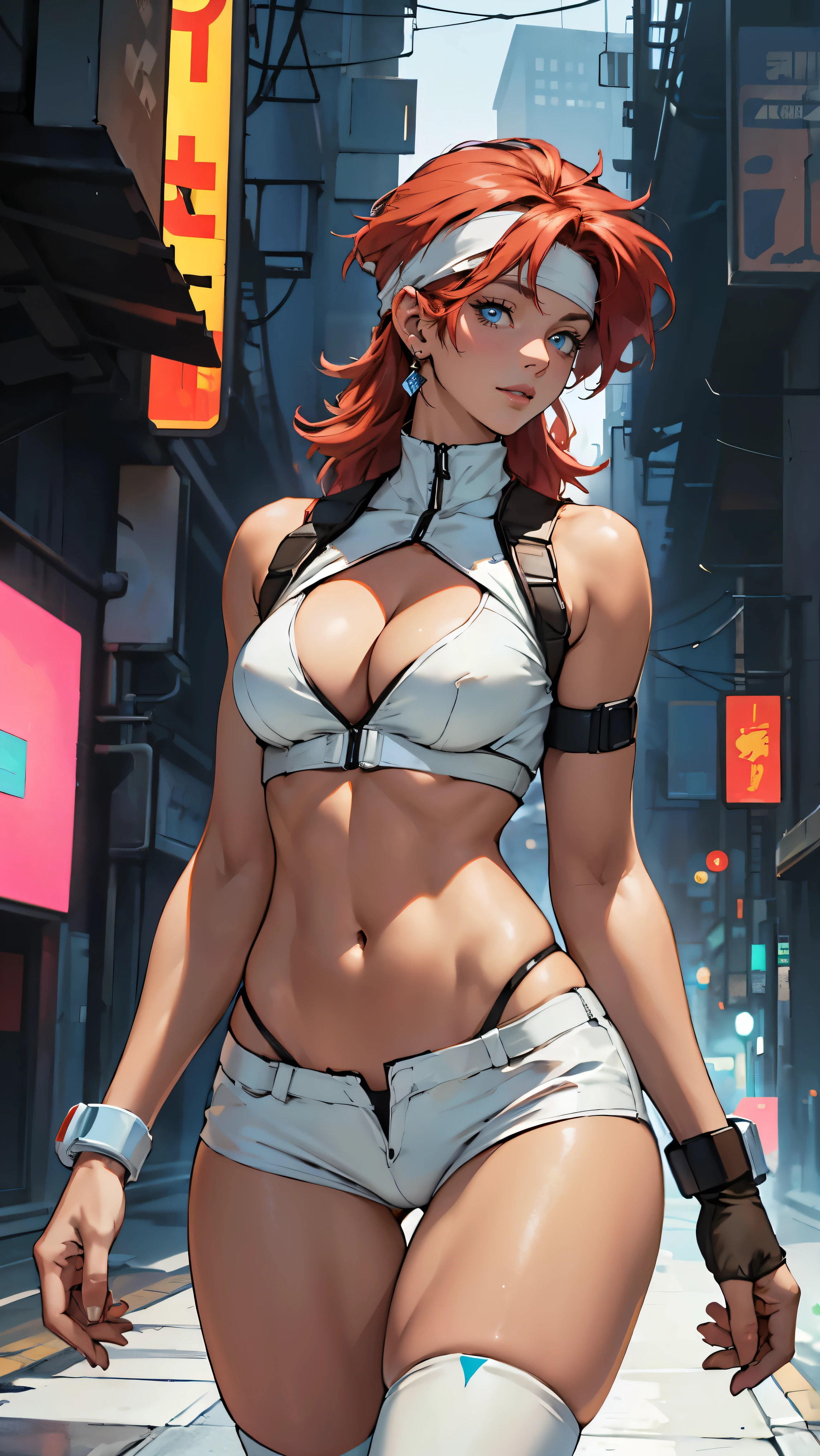 ((Masterpiece, highest quality; 1.3)), super quality, beautiful detail, super detailed, extra fine, 16K, exquisite, absurd, high resolution, beautiful background, detailed background, beautiful eyes, beautiful skin, anime style, Kay from Dirty Pair in a white outfit, tight outfit, cleavage, bushy redhead beauty, very light blue uniform, wearing tight clothes, skimpy, (mid chest: 1.2), cleavage, cleavage, slim waist , thin waist, slim thighs, thin legs, slim legs. thigh gap, showing stomach, skinny, thin hips, cyberpunk city background, holding retro space gun , headband, 