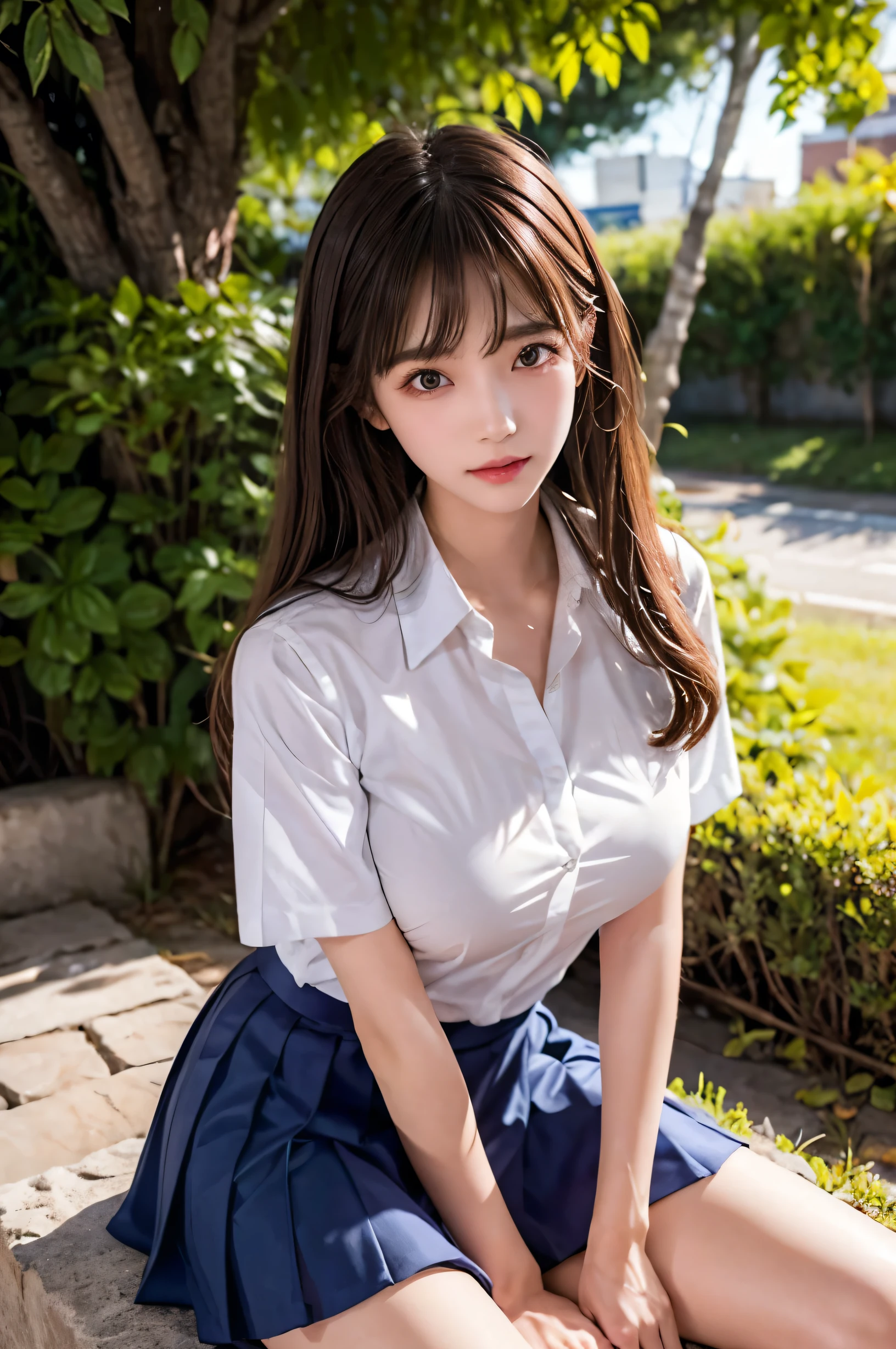 Beauty、nurse uniform、perfect style、Photographed from the front、spotless、highest quality,8K, ultra high resolution,professional photos、golden ratio face、big breasts、slim waist、Sit on a bench、