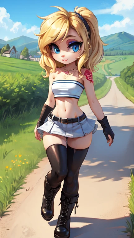 White tube top, white felt miniskirt, FOCUS CUTE FACE,  MAKEUP, blonde medium wave hair, narrow eyes, blue eyes, countryside, wear black boots, with TATTOS in her body, outdoors, blue sky, all body view.