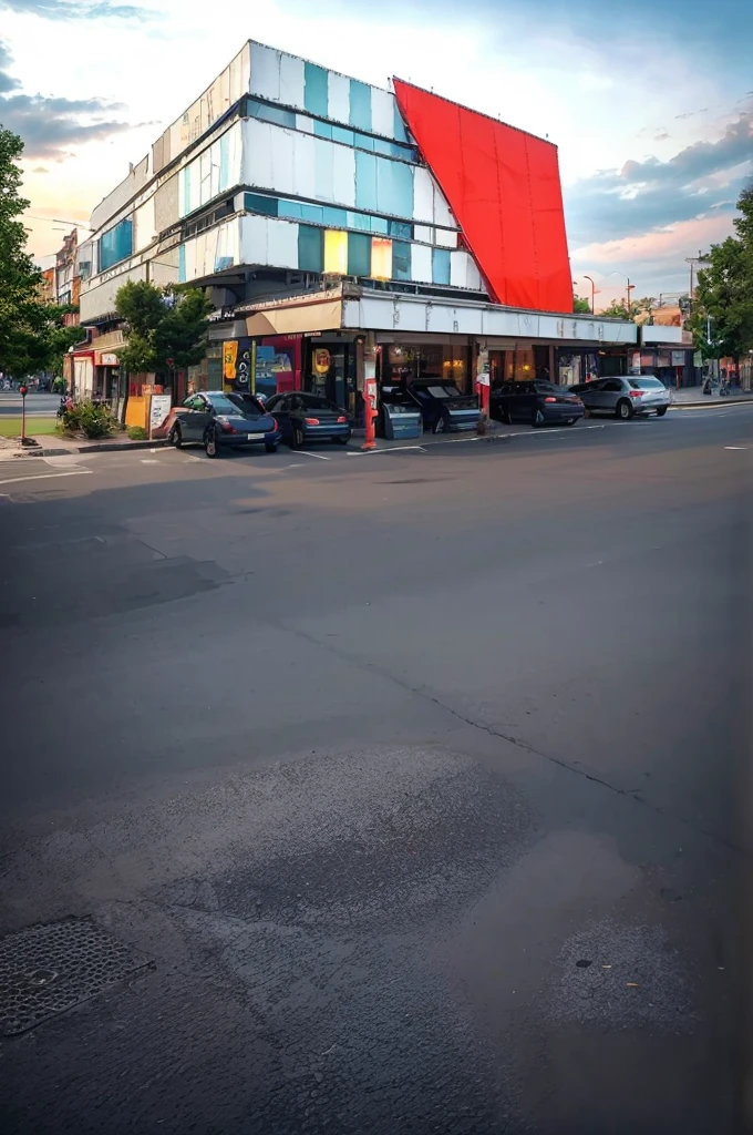 there is a red and white building with a red awning,Beautiful clouds and sky, street top view, street perspective, street level view, hdr shot, parking in the street, street corner, city street view background, interesting angle, restaurant in background, hdr photo, discovered photo, perspective shot, mid-view, soft filmic tonemapping, real image