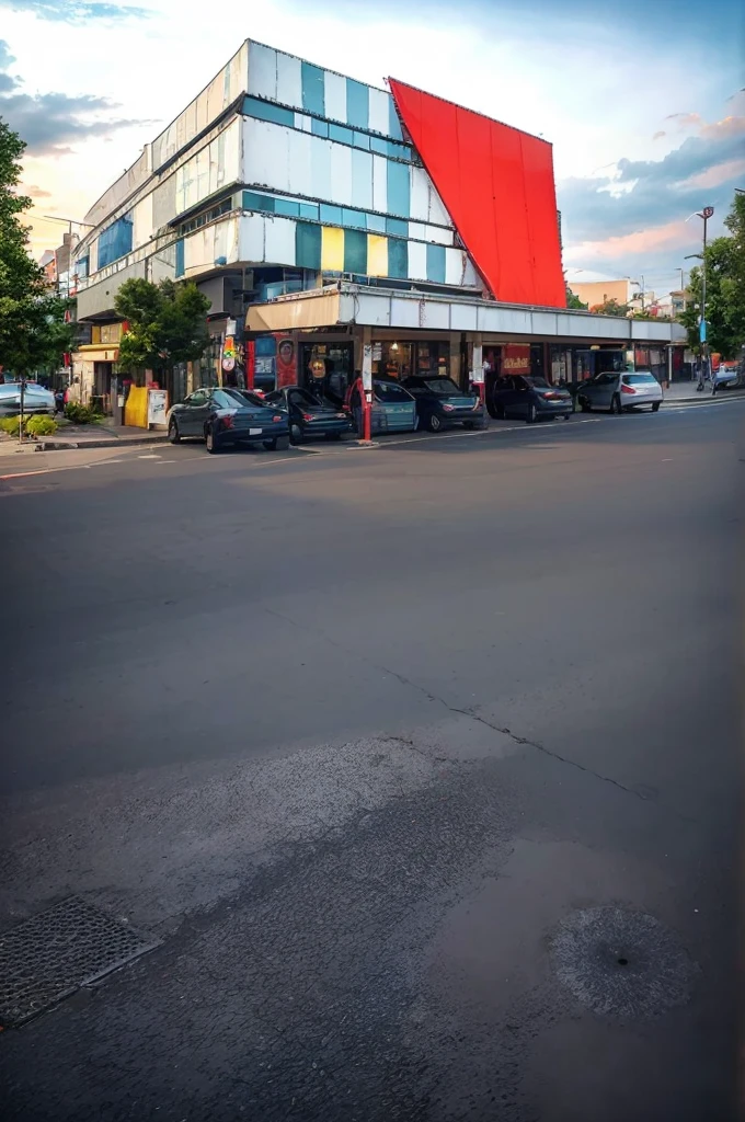 there is a red and white building with a red awning,Beautiful clouds and sky, street top view, street perspective, street level view, hdr shot, parking in the street, street corner, city street view background, interesting angle, restaurant in background, hdr photo, discovered photo, perspective shot, mid-view, soft filmic tonemapping, real image