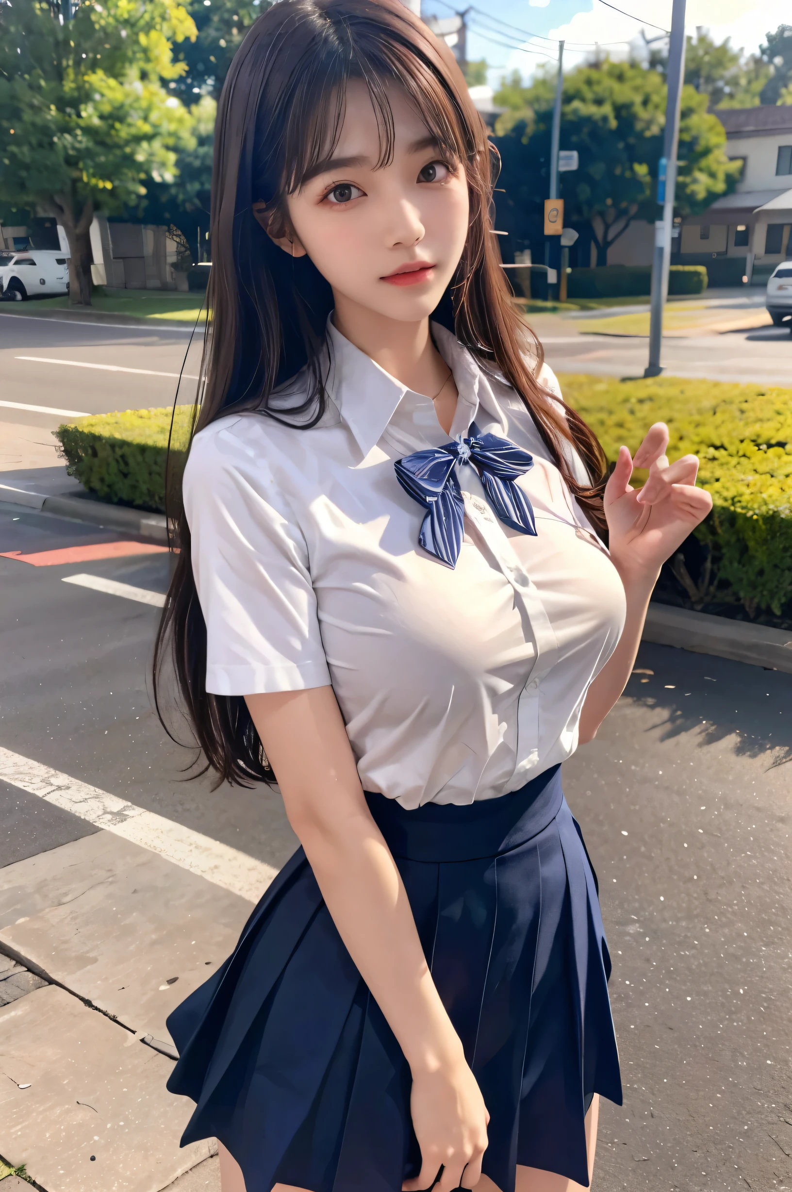 (ultra HD), (School uniform with short sleeves, White collared shirt, Navy Blue Skirt), (Big Breasts:1.5), (The cleavage is visible), Slender, whole body, (Clean and shiny skin, Whitening, No makeup), (超Slenderな顔立ち, Super beautiful face, Delicate face), (long hair, Layered Cut, Fluffy hair,light brown), (Patchy double eyelids, Slanted Eyes), Small Nose, Thin lips, Thin legs, Schoolyard, sunset