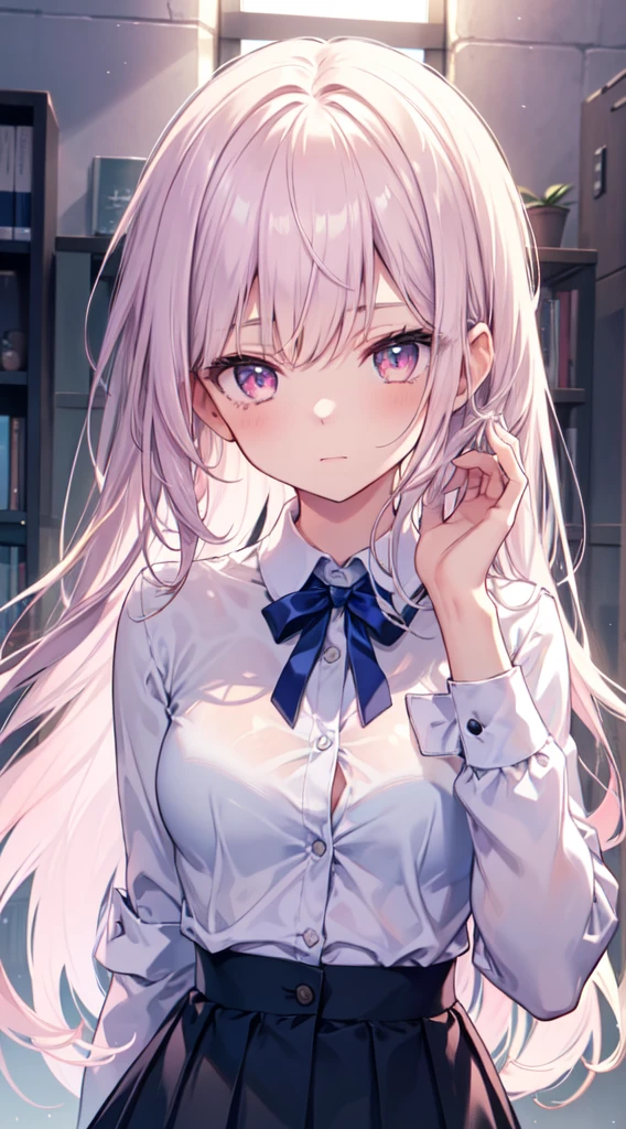 (Delicate and beautiful eyes and delicate face, Masterpiece side light, tmasterpiece, Best quality at best, Detailed pubic hair, high-resolution illustrations), (1 girl, beuaty girl, Glossy glossy skin, looking-down, looking at viewert), ( long azure hair, a pink eyes, a skirt, ribbons, Button-up shirt) 45 degree, top views, Side Body, (Hand detail)