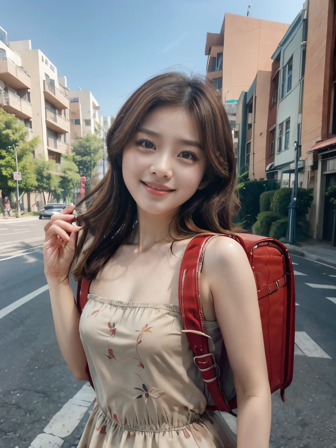 Masterpiece, hd, 1girl, best quality, brown hair, medium hair, smile, wearing strapless dress, wearing randoseru backpack, (backpack:1.2), outdoor, park