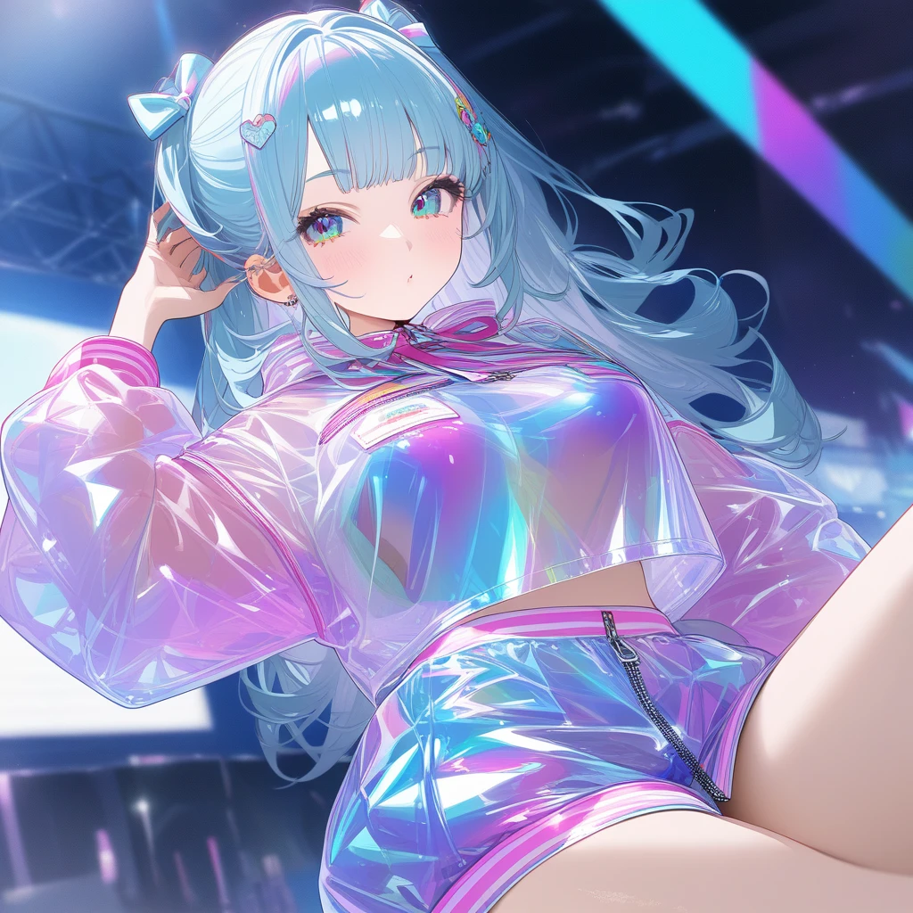 Transparent color PVC clothing, Transparent Color Vinyl Clothing, Prismatic, Holographic, chromatic aberration, Fashion Illustration, masterpiece, Harajuku fashion girl, View your viewers, 8k, Super detailed, Pixiv , masterpiece, Highest quality, score_9, score_8_superior, score_7_superior, Very detailed