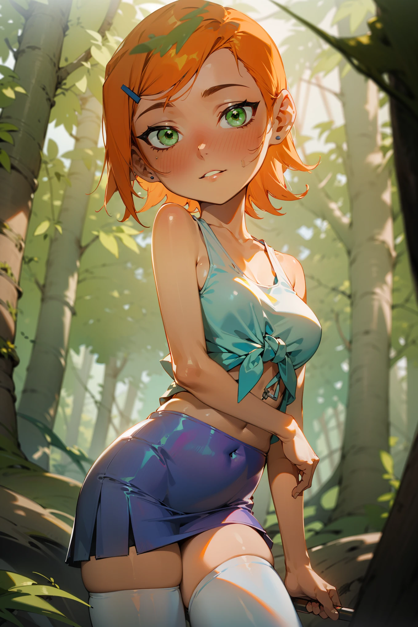 (Masterpiece), Best Quality, ultra-detailed, 1girl (Gwendolyn_Tennyson, breasts, orange hair, short hair, green eyes), a face in love, weary smile, parted lips, nose blush, blush  , looking at viewer, solo, white tank_top (tied), navel, purple skirt, ultra mini skirt, white thighhighs,  forest,  standing,  Sexy waist teasing,  from_below 