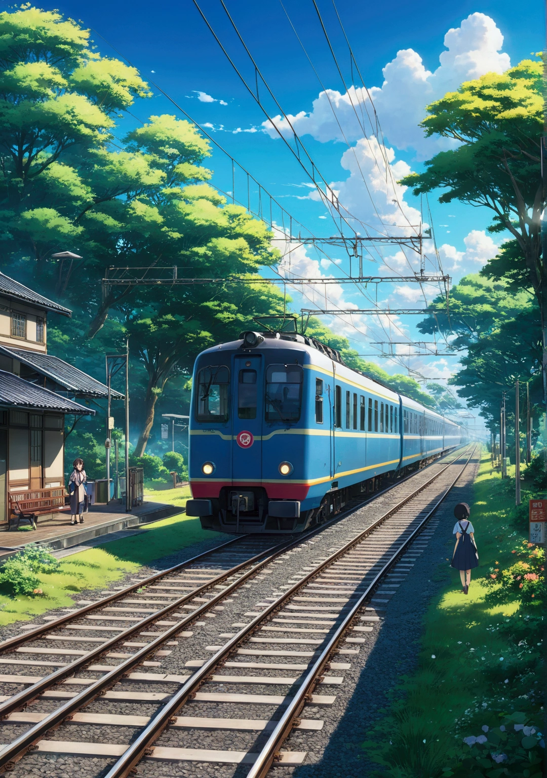 A train is coming on the tracks at the station, Beautiful anime scene, Station Background, Anime countryside landscape, Anime Background art, beautiful Anime Scenery, colorful Anime movie background, Beautiful peaceful scene in anime, Spring Morning, Anime movie background, Summer station, Anime Background, ( ( Makoto Shinkai ) ), Anime Scenery, anime landscape wallpapers