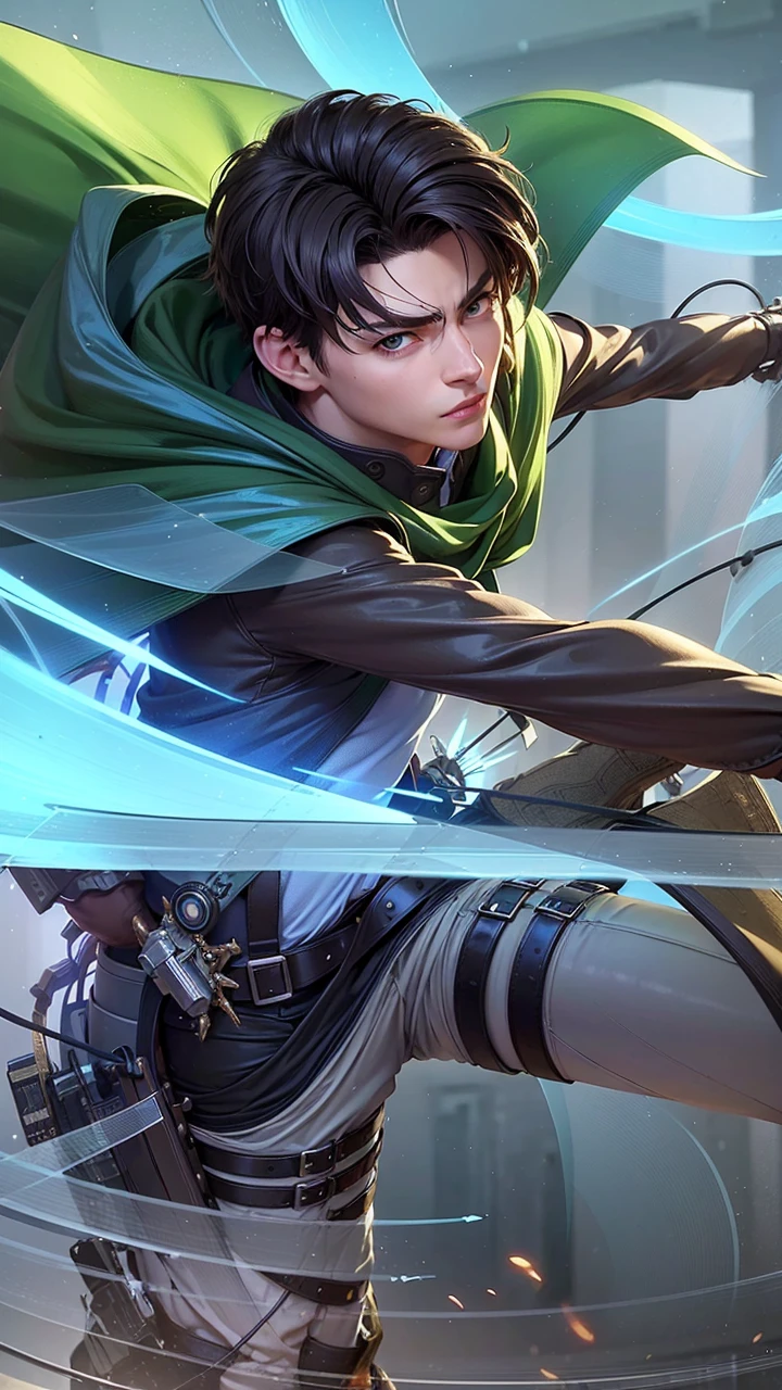 masculine male, masterpiece, ((perfect eyes)) best quality, (semirealism:1.9), beautiful lighting, (extremely detailed CG unity 4k fhd wallpaper), High Detail, Sharp focus, dramatic outdoors, 1 boy ,19 years old, white hair, light purpel eyes, smile. Attack on titan logo on sleeve