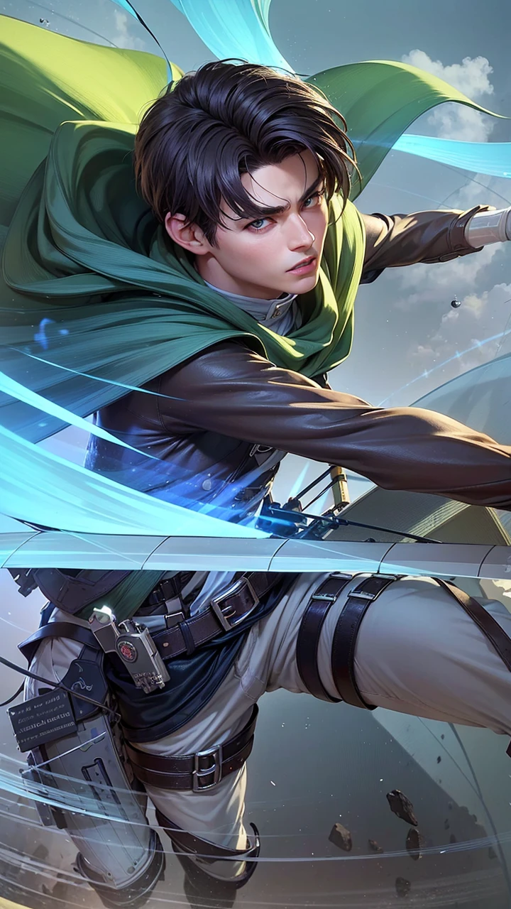 masculine male, masterpiece, ((perfect eyes)) best quality, (semirealism:1.9), beautiful lighting, (extremely detailed CG unity 4k fhd wallpaper), High Detail, Sharp focus, dramatic outdoors, 1 boy ,19 years old, white hair, light purpel eyes, smile. Attack on titan logo on sleeve