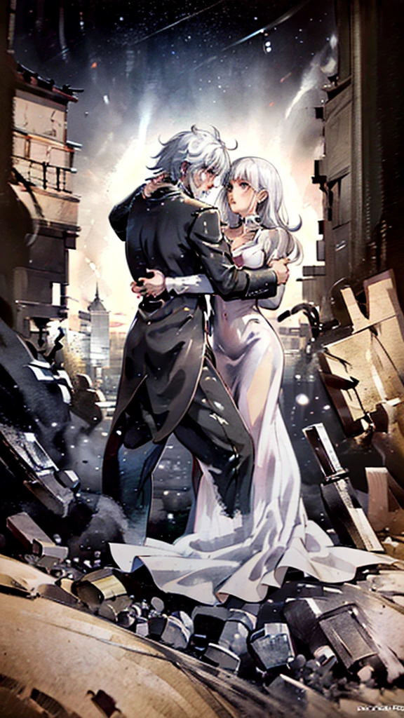 (Masterpiece, Ultra Hd), (Detailed), (Novel Illustrasion) A handsome man with white hair cries blood while embracing a woman with black curly hair who is no longer there who is lying down, Battlefield, a desperate man, a ruined place, burning buildings, chaos everywhere. Noble Clothes. 