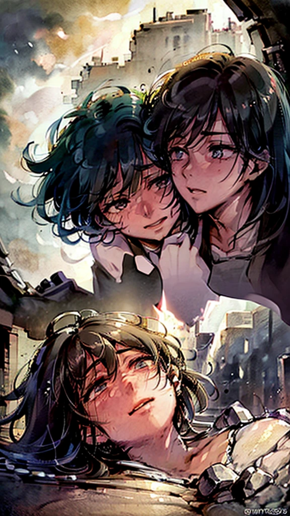 (Masterpiece, Ultra Hd), (Detailed), (Novel Illustrasion) A handsome man with white hair cries blood while embracing a woman with black curly hair who is no longer there who is lying down, Battlefield, a desperate man, a ruined place, burning buildings, chaos everywhere. Noble Clothes.