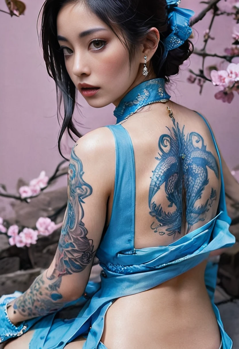 Arabian woman with dragon tattoo on her back, Yakuza tattoo on body, by Ayako Rokkaku, Kano Tanyou, by Otake Chikuha, by Kanō Naizen, chie yoshii, by Hiroyuki Tajima, by Kawai Gyokudō, inspired by Otake Chikuha