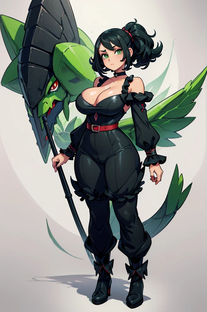 (masterpiece, best quality, high resolution, (pokemon style) ((huge breasts))1 girl, 1 woman, very short, ruffled black hair, green eyes, long-sleeved black jumpsuit, choker, black boots ((white background) ,)), ((full body standing)),