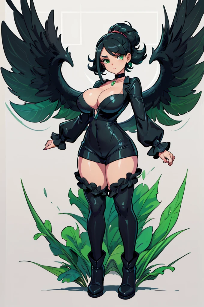 (masterpiece, best quality, high resolution, (pokemon style) ((huge breasts))1 girl, 1 woman, very short, ruffled black hair, green eyes, long-sleeved black jumpsuit, choker, black boots ((white background) ,)), ((full body standing)),
