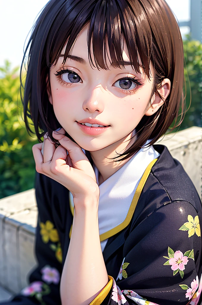 masterpiece, best quality, 1girl, solo, K-NANAMI, ((20yo, japanese face, japanese Actress)), short hair, black hair, black eyes, blue jacket, black gym-wear, (No expression), sitting, outdoors, sitting on a bench, ((upper body, face focus, face close-up)), smile, teeth,