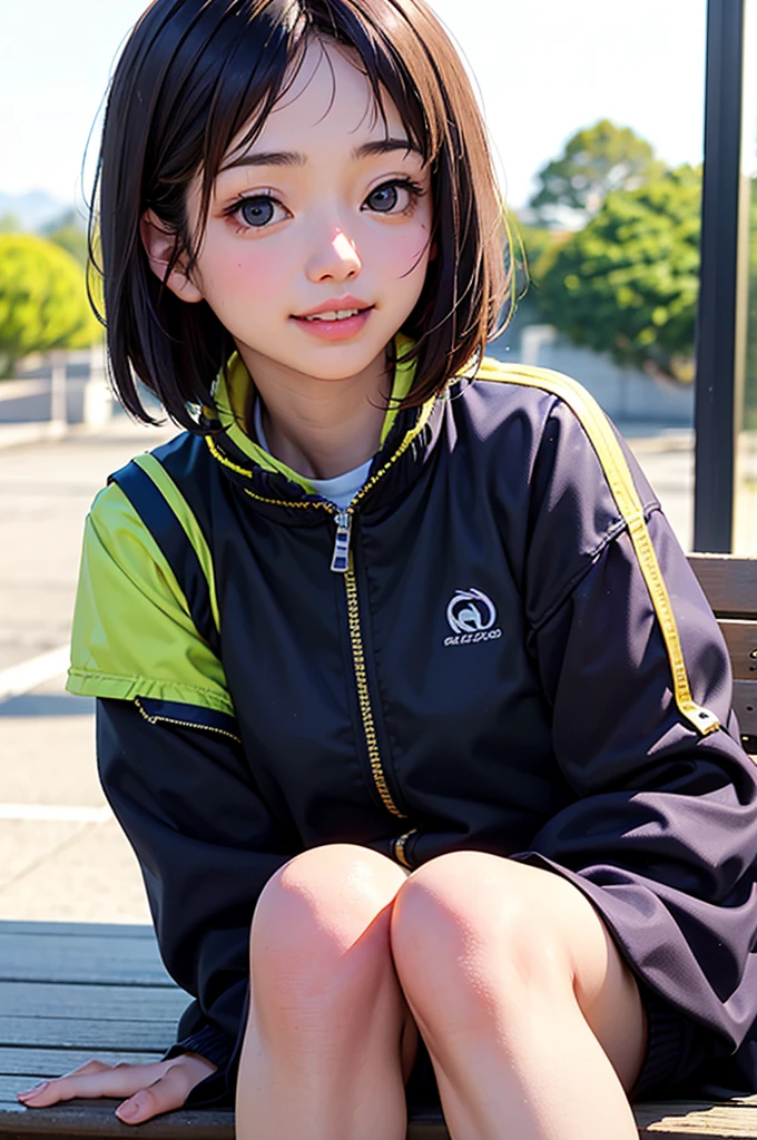 masterpiece, best quality, 1girl, solo, K-NANAMI, ((20yo, japanese face, japanese Actress)), short hair, black hair, black eyes, blue jacket, black gym-wear, (No expression), sitting, outdoors, sitting on a bench, ((upper body, face focus, face close-up)), smile, teeth,