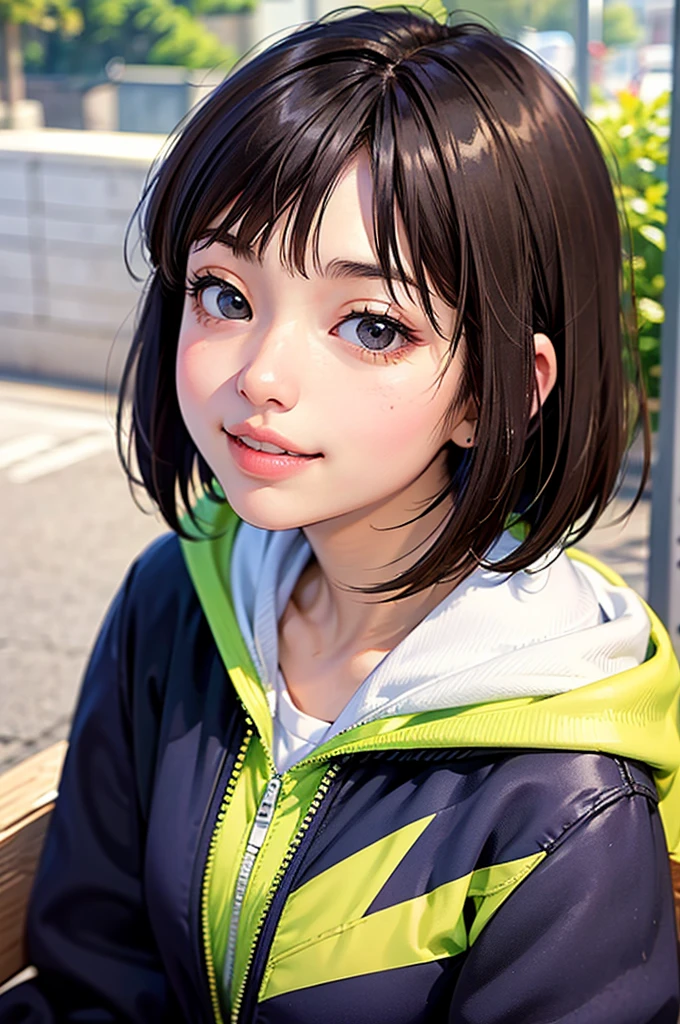 masterpiece, best quality, 1girl, solo, K-NANAMI, ((20yo, japanese face, japanese Actress)), short hair, black hair, black eyes, blue jacket, black gym-wear, (No expression), sitting, outdoors, sitting on a bench, ((upper body, face focus, face close-up)), smile, teeth,