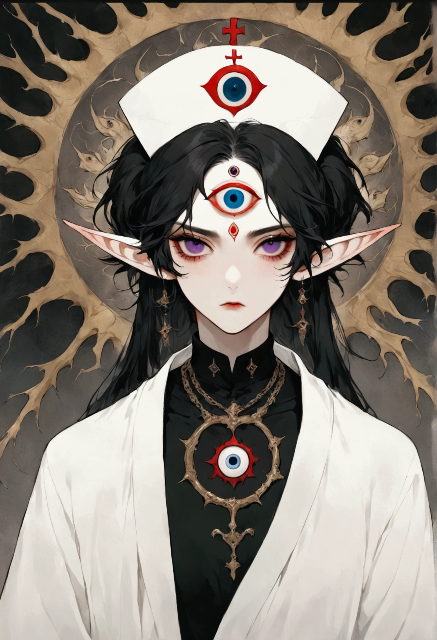 (((Boys short hair,独奏,third eye on the forehead,Elf ears))),(((robe:1.6,Eye Diagram,Dark Pattern))).(((Nurse hat,Carrying a string of eyeballs))),whole body,Death Stare Background。body movements