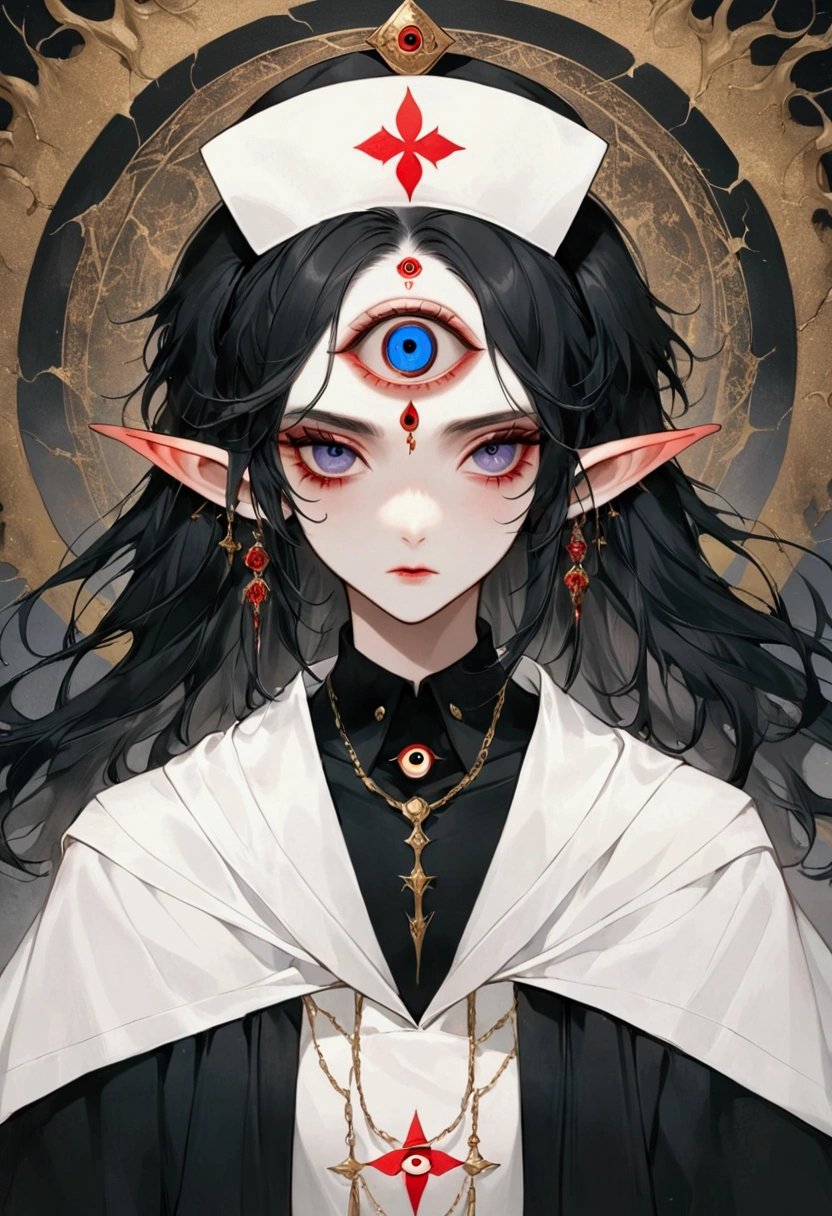 Gothic Dark Art,(((Lord Nether,独奏,third eye on the forehead,Elf ears))),(((robe:1.6,Eye Diagram,Dark Pattern))).(((Nurse hat))),whole body,Death Stare Background。body movements