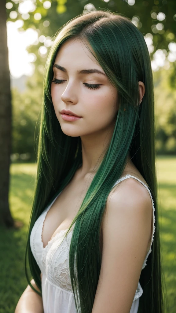 a girl.  face sent feeling.  Europe.  Oval face.  long face.  delicate facial features.  eyes closed sadly.  seductively seductive.  green eyes.  long straight hair.  green hair.  normal expression.  outdoor