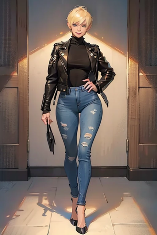 ((full body:1.4)).(rule of thirds:1.4), ((ultra realistic illustration:1.2)), Athletic blonde woman, (short hair), tomboy, cute, ((smile)), Sexy. Mascara, turtleneck blouse, leather jacket, skinny jeans, high heels.Masterpiece, best quality,(highly detailed:1.2),(detailed face and eyes:1.2), 8k wallpaper, depth of field, natural lighting. core shadows, high contrast, bokeh.