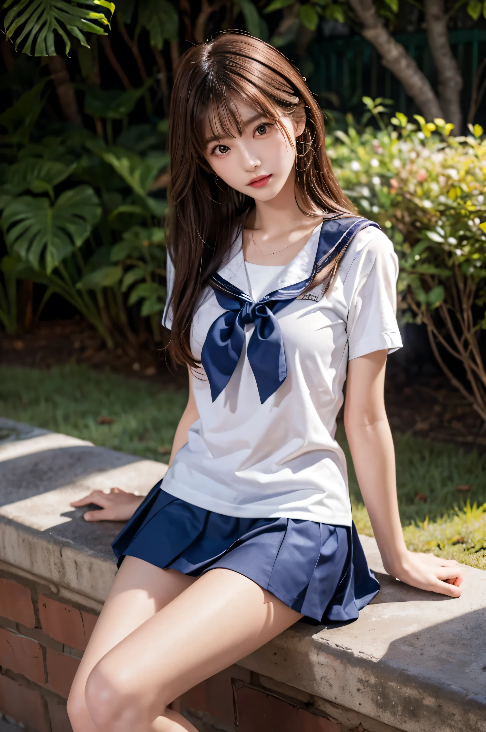 (ultra HD), (White short-sleeved sailor suit, Navy blue mini skirt, Tight fit), Big Breasts, Slender, whole body, (Clean and shiny skin, Whitening, No makeup), (超Slenderな顔立ち, Super beautiful face, Delicate face), (long hair, Layered Cut, Fluffy hair,light brown), (Patchy double eyelids, Slanted Eyes), Small Nose, Thin lips, Thin legs, Schoolyard
