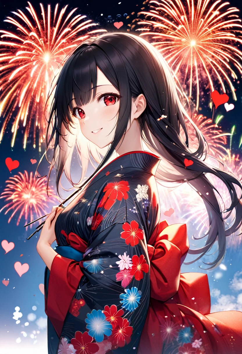 (double exposure:1.4 Heart Shape fireworks:1.2), (a straight black hair long hair sadist girl, cool red eyes, sexy smile, in a exposure yukata, small tits), BREAK, 16k, beautiful detailed silhouette.