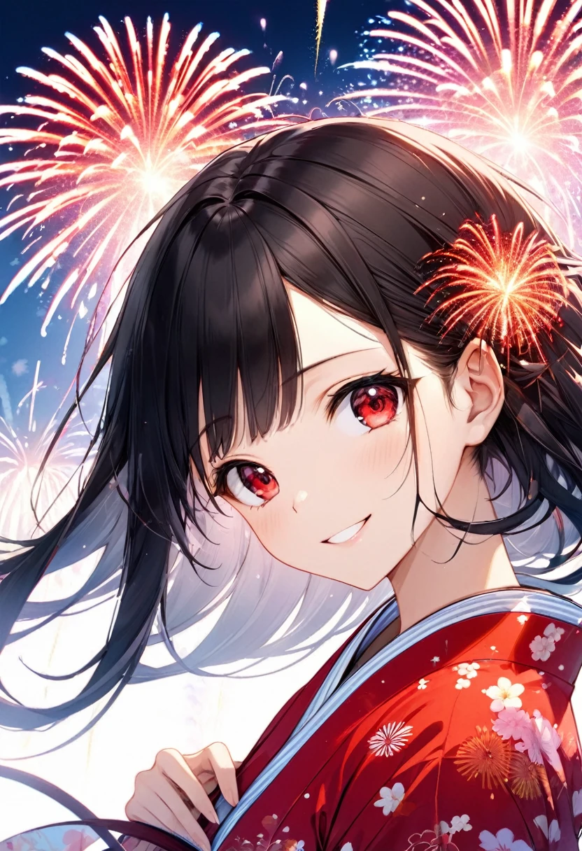 (double exposure:1.4 Heart Shape fireworks:1.2), (a straight black hair long hair sadist girl, cool red eyes, sexy smile, in a exposure yukata, small tits), BREAK, 16k, beautiful detailed silhouette.