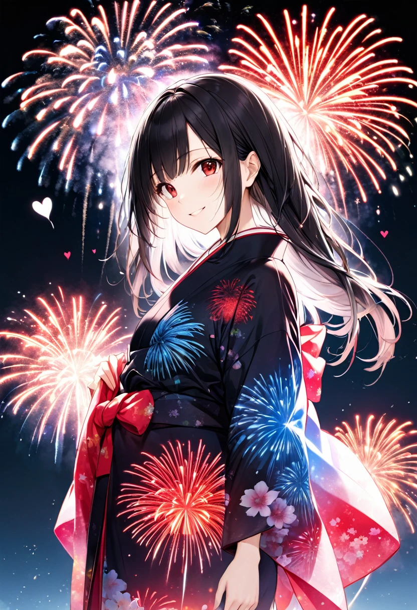 (double exposure:1.4 Heart Shape fireworks:1.2), (a straight black hair long hair sadist girl, cool red eyes, sexy smile, in a exposure yukata, small tits), BREAK, 16k, beautiful detailed silhouette.