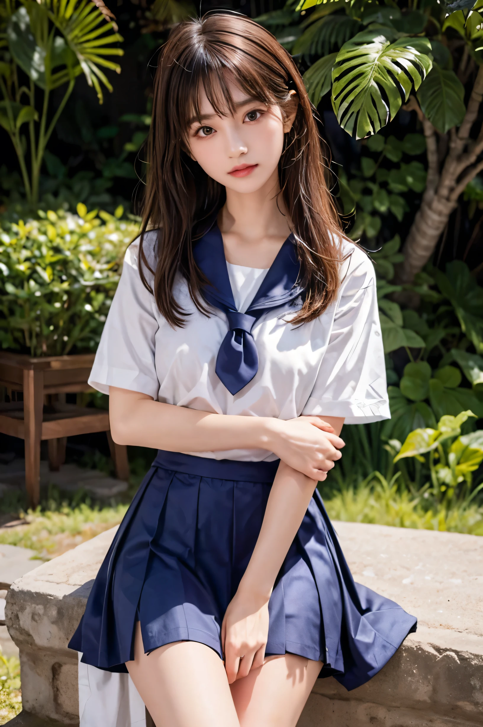 (ultra HD), (White short-sleeved sailor suit, Navy blue mini skirt, Tight fit), Big Breasts, Slender, whole body, (Clean and shiny skin, Whitening, No makeup), (超Slenderな顔立ち, Super beautiful face, Delicate face), (long hair, Layered Cut, Fluffy hair,light brown), (Patchy double eyelids, Slanted Eyes), Small Nose, Thin lips, Thin legs, Schoolyard