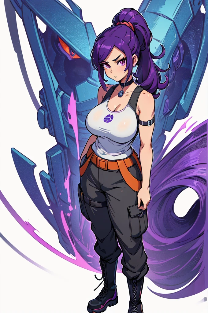 (masterpiece, best quality, high resolution,(pokemon style) ((huge breasts))1 girl, purple hair tied in a very frizzy ponytail, purple eyes, tank top with straps, wide military pants, military boots, choker,( (white background,)), ((full body standing)),
