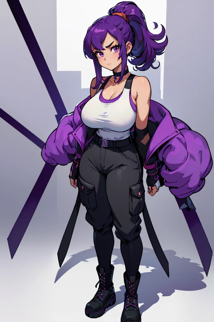 (masterpiece, best quality, high resolution,(pokemon style) ((huge breasts))1 girl, purple hair tied in a very frizzy ponytail, purple eyes, tank top with straps, wide military pants, military boots, choker,( (white background,)), ((full body standing)),
