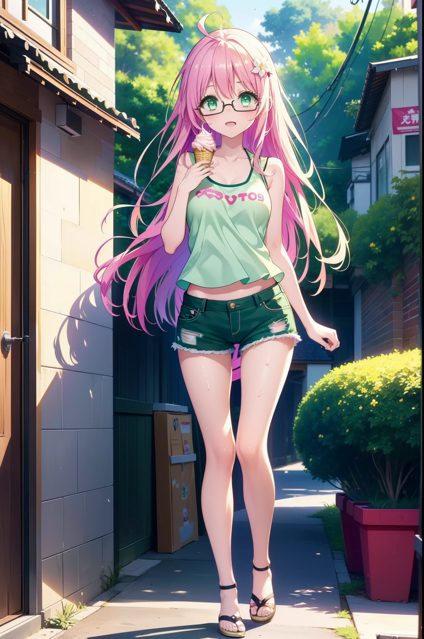 Laladevi Luke, Lara Deviluke, Long Hair, Pink Hair, tail, Ahoge, bangs, hair ornaments, (Green Eyes:1.5), smile,Open your mouth,demon tail, Tank top,Shorts,Heeled Sandals,Black-rimmed glasses,Holding ice cream in one hand,Eating ice cream,Walking,noon,Clear skies,True Summer,Sweat,whole bodyがイラストに入るように,
break outdoors, In town,
break looking at viewer, whole body,
break (masterpiece:1.2), Highest quality, High resolution, unity 8k wallpaper, (figure:0.8), (beautiful detailed eyes:1.6), extremely detailed face, Perfect lighting, extremely detailed CG, (Perfect hands, Perfect Anatomy),