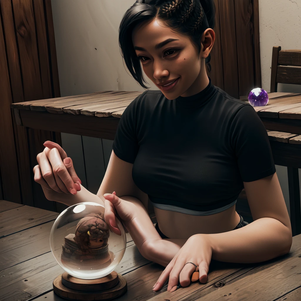 Chitose,black hair,brown eyes,short hair,ponytail,braids,short sleeve,
crop top, (rubbing her hands on a crystal ball on an old wooden table) smile,
(insanely detailed,masterpiece, best quality)((solo,1girl,alone))