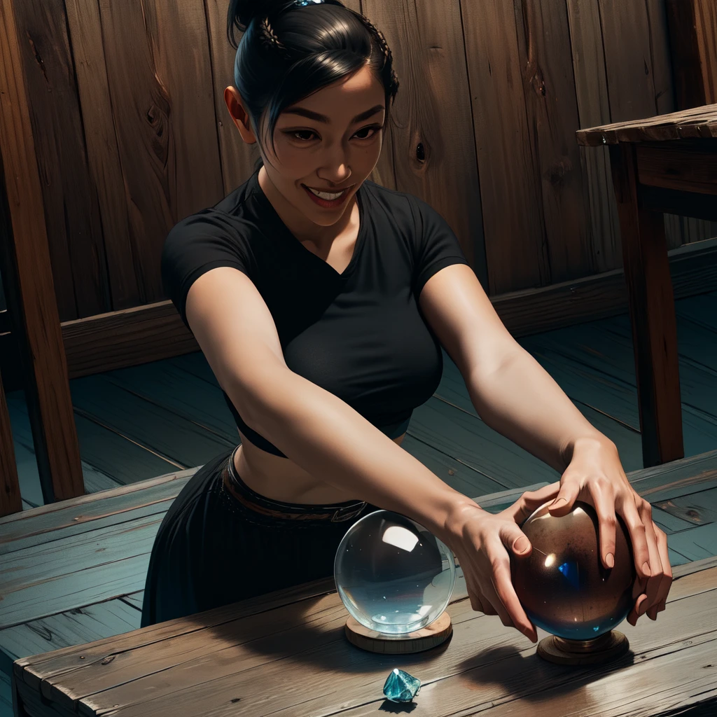 Chitose,black hair,brown eyes,short hair,ponytail,braids,short sleeve,
crop top, (rubbing her hands on a crystal ball on an old wooden table) smile, 
(insanely detailed,masterpiece, best quality)((solo,1girl,alone))