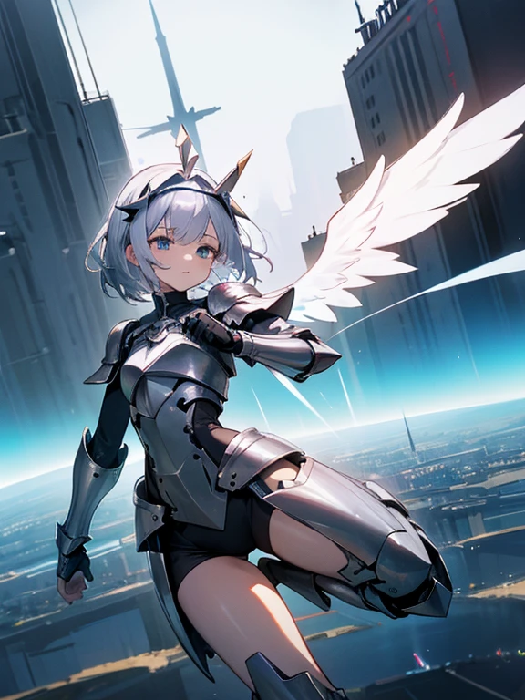 Fantasy, 1angel_girl,young_, ,Silver_hair, short_hair, length_前hair, Hello,just_shoulder,Knee socks,Silver_armor, Waist_armor, big_chest,half_eye,1pair_wing, dynamic_Pause_Finding,floating, just_share, headgear,Gauntlet, Greaves,city_background,Slightly_Spread the word_feet, alone, share間_naked,Sunburn_skin,