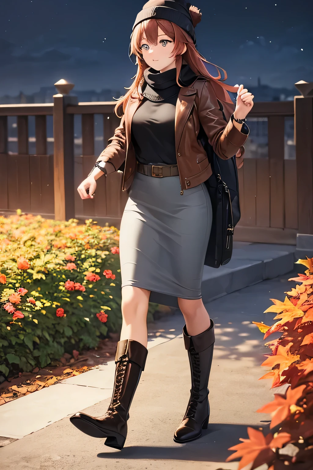 ((masterpiece, best quality, ultra-detailed)), beautiful woman walking through a fall garden, brown leather jacket with gray t-shirt, scarf, beanie, bracelet, black maxi skirt, leather boots, backpack, full body, long hair, wavy hair, fall garden, leaves, night