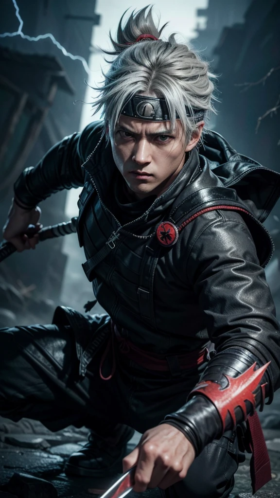 Create an ultra-realistic, ultra-detailed 4K cinematic wallpaper of Kakashi Hatake using his Sharingan, holding a kunai in a ready stance. Place him in a dynamic and intense scene, with a dark, stormy background illuminated by flashes of lightning. His Sharingan eye should glow a vivid red, piercing through the darkness with a fierce and focused expression. Emphasize the detailed textures of his mask, forehead protector, and ninja attire, capturing every stitch and fold. The kunai should be intricately designed, with gleaming metal and a sharp edge. Enhance the scene with motion effects like wind and rain, showing droplets on his clothes and the misty atmosphere. The overall scene should be tense and electrifying, capturing Kakashi's sharp, tactical prowess and unyielding determination in stunning cinematic detail.