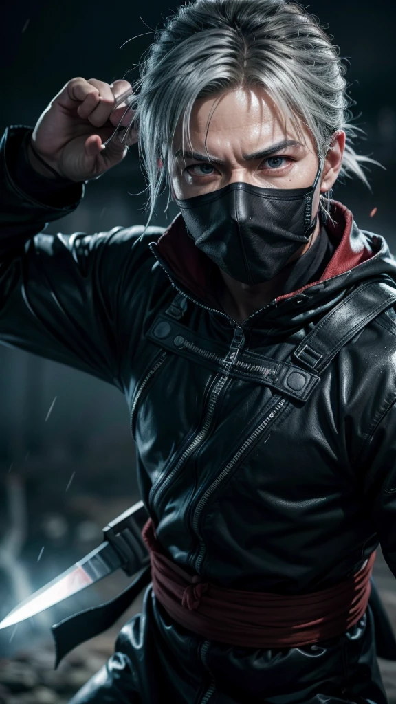 Create an ultra-realistic, ultra-detailed 4K cinematic wallpaper of Kakashi Hatake using his Sharingan, holding a kunai in a ready stance. Place him in a dynamic and intense scene, with a dark, stormy background illuminated by flashes of lightning. His Sharingan eye should glow a vivid red, piercing through the darkness with a fierce and focused expression. Emphasize the detailed textures of his mask, forehead protector, and ninja attire, capturing every stitch and fold. The kunai should be intricately designed, with gleaming metal and a sharp edge. Enhance the scene with motion effects like wind and rain, showing droplets on his clothes and the misty atmosphere. The overall scene should be tense and electrifying, capturing Kakashi's sharp, tactical prowess and unyielding determination in stunning cinematic detail.