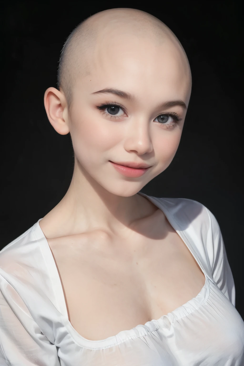 adorable, 1 girl, (face to face), 10 years old, baby face, happy, half body portrait, (face details: 1), (eye details:1), ((big breasts)). wearing transparency long shirt, .. Cute posed. proportional body. Ultra High Res. realistic: 1.4, UHD  (((smooth bald head)))