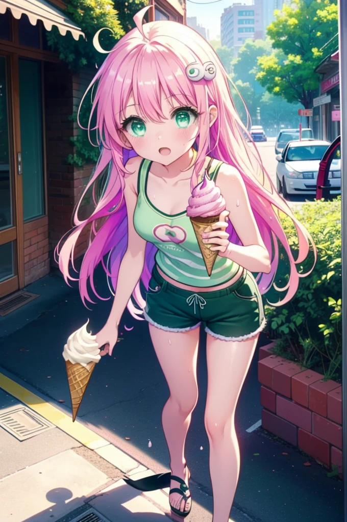 Laladevi Luke, Lara Deviluke, Long Hair, Pink Hair, tail, Ahoge, bangs, hair ornaments, (Green Eyes:1.5), smile,Open your mouth,demon tail, Tank top,Shorts,Heeled Sandals,Black-rimmed glasses,Holding ice cream in one hand,Eating ice cream,Walking,noon,Clear skies,True Summer,Sweat,whole bodyがイラストに入るように,
break outdoors, In town,
break looking at viewer, whole body,
break (masterpiece:1.2), Highest quality, High resolution, unity 8k wallpaper, (figure:0.8), (beautiful detailed eyes:1.6), extremely detailed face, Perfect lighting, extremely detailed CG, (Perfect hands, Perfect Anatomy),