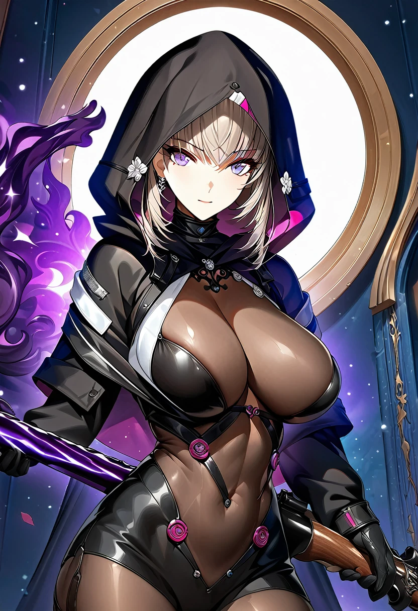 hood, jacket, body suit, black clothes, black wear, tights, weapon, cowboy shot, blue and purple eyes, perfect eyes, beautiful face, masterpiece, super fine illustration, ultra high res, masterwork, best quality, cg unity 8k wallpaper, official art, ultra detailed, large breasts, 