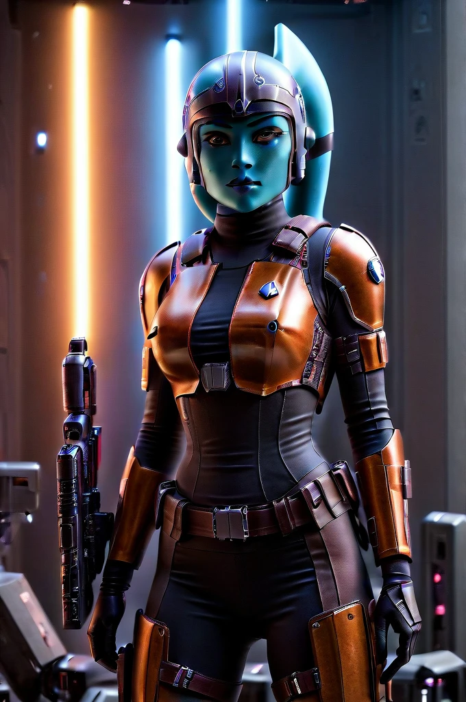 A ((female Twi'lek ))Mandalorian, detailed futuristic armor, intricate helmet, jetpack, blaster rifle, epic pose, dramatic lighting, gritty sci-fi atmosphere, cinematic, dramatic colors, highly detailed, 8k, photorealistic, masterpiece female Twi'lek