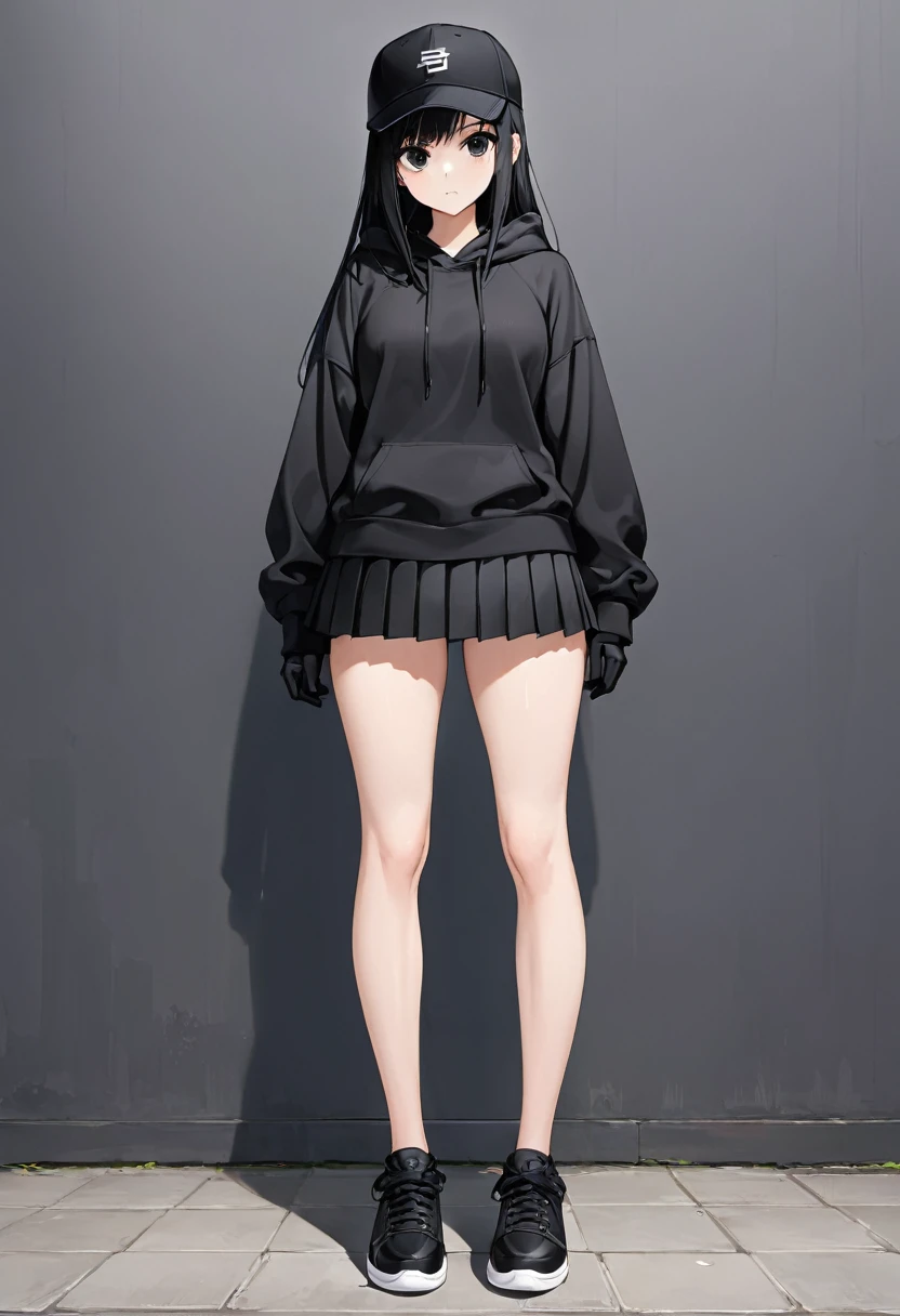 Black miniskirt , Black sneakers , Black hoodie , pleated skirt , whole body , thighs , black hair , black eyes , straight hair , black ball cap , long sleeves , bare legs , face , Black gloves , standing posture