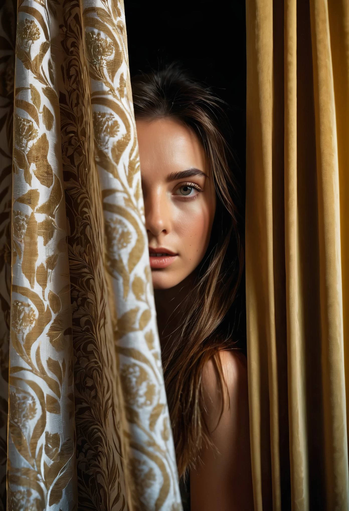 RAW photo, woman peeking from behind curtains, colorful details, award winning, high detailed, 8k, natural lighting, analog film, detailed skin, amazing composition, intricate details, subsurface scattering, velus hairs, amazing textures, filmic, chiaroscuro, soft light