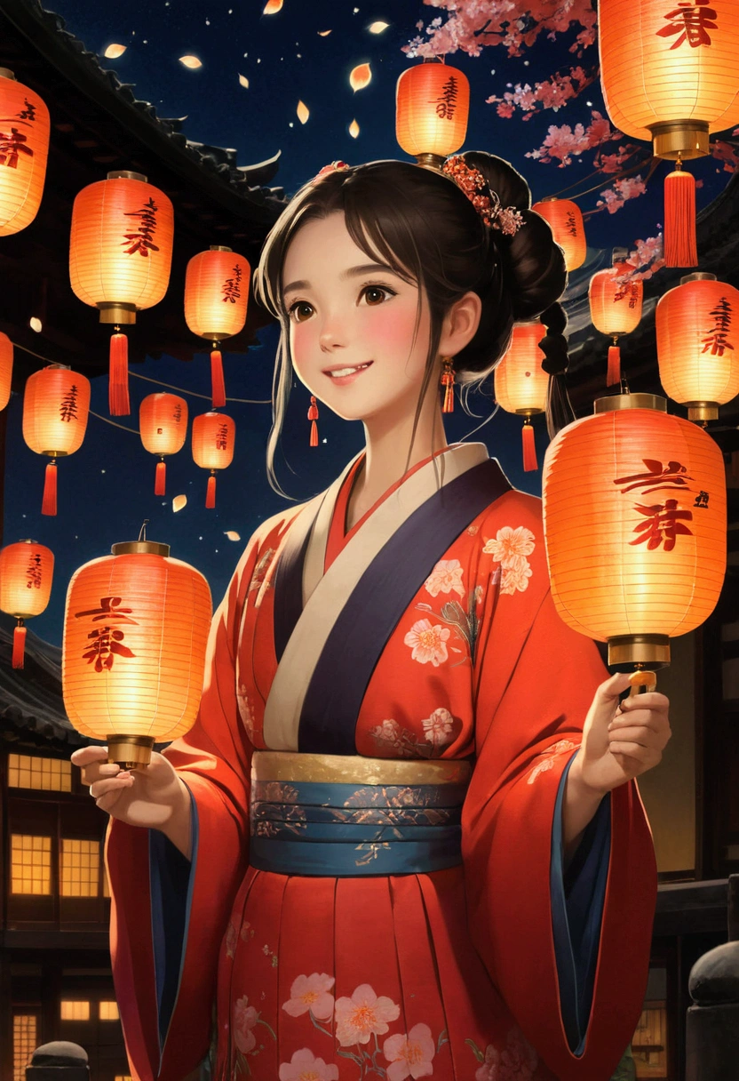 Ghibli　firework，Really beautiful girl，Laughing，Hanfu，View the lanterns