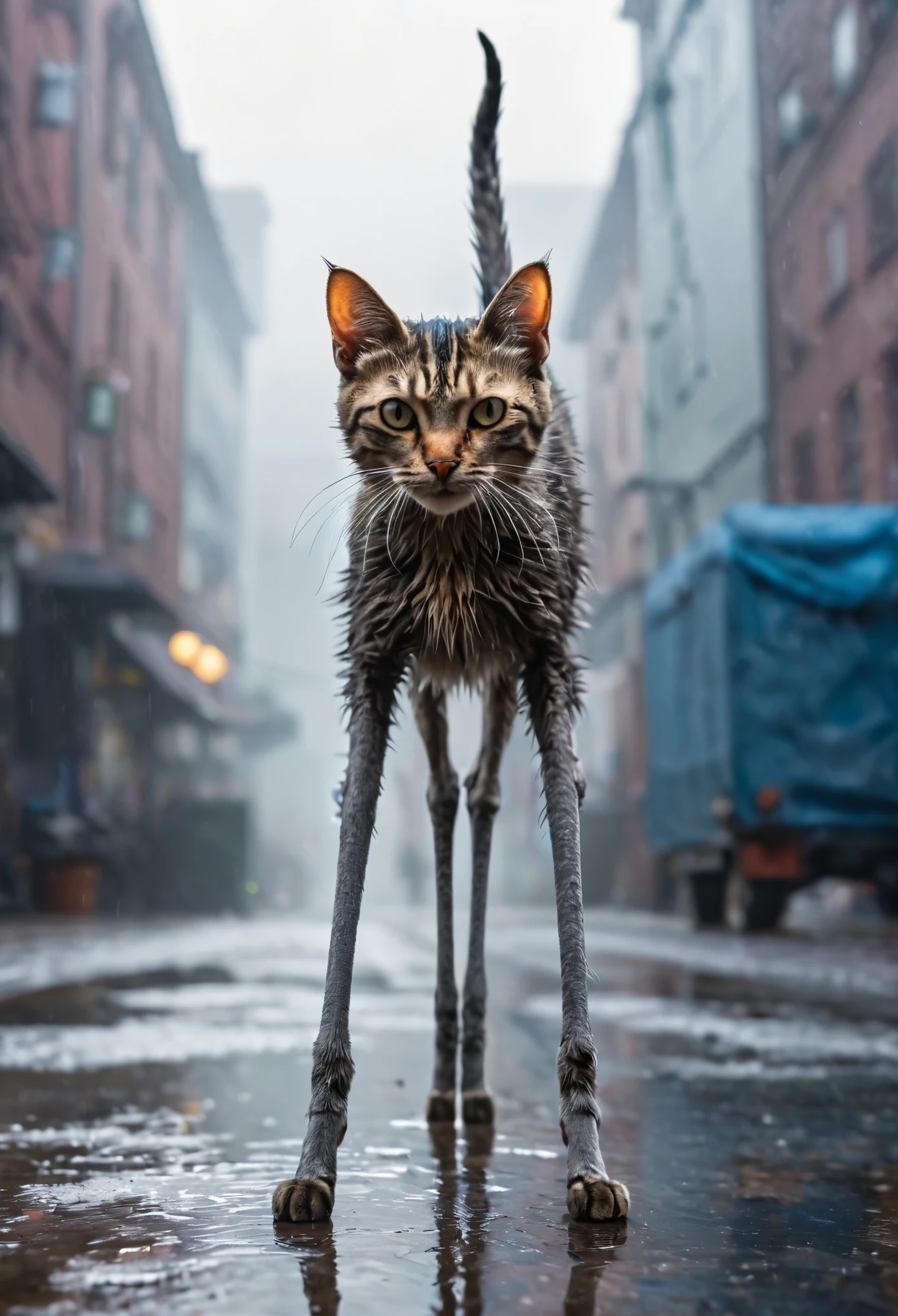 Highly detailed photo of an aggressive cat with ((Long legs:1.9)),  uhd, 8k, ultra realistic, sunny, high contrast, (cold colors), damp, moist, intricate details, shallow depth of field, [volumetric fog], cinematic lighting, reflections, photographed on a Canon EOS R5, 50mm lens, F/2.8, HDR, 8k resolution, cinematic film still from cyberpunk movie